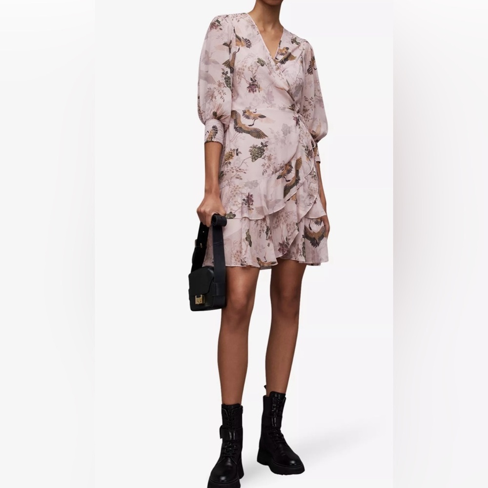 ALLSAINTS Ari Peggy wrap-front floral & bird -print mini dress